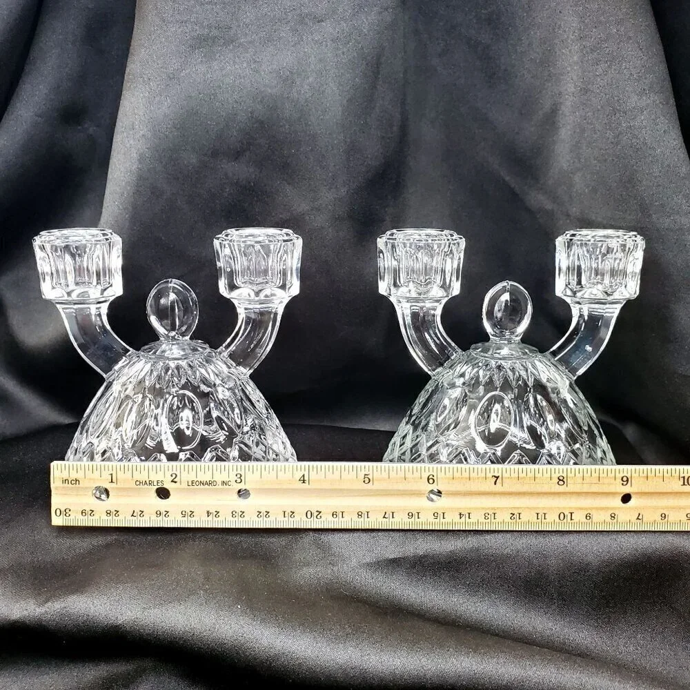VTG 2 Imperial Glass Diamond Thumbprint Double Candlestick Taper Candle Holders